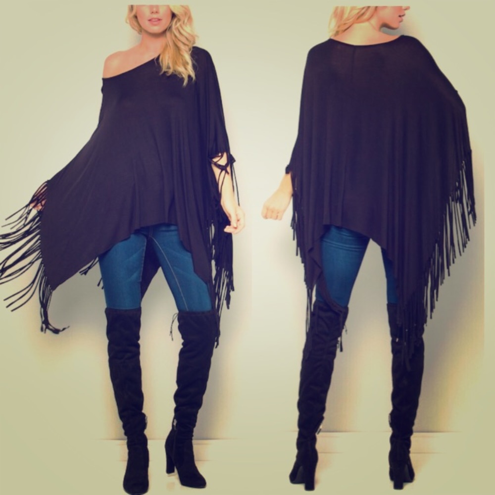 Black Fringe Hem Poncho - Picture 1 of 2